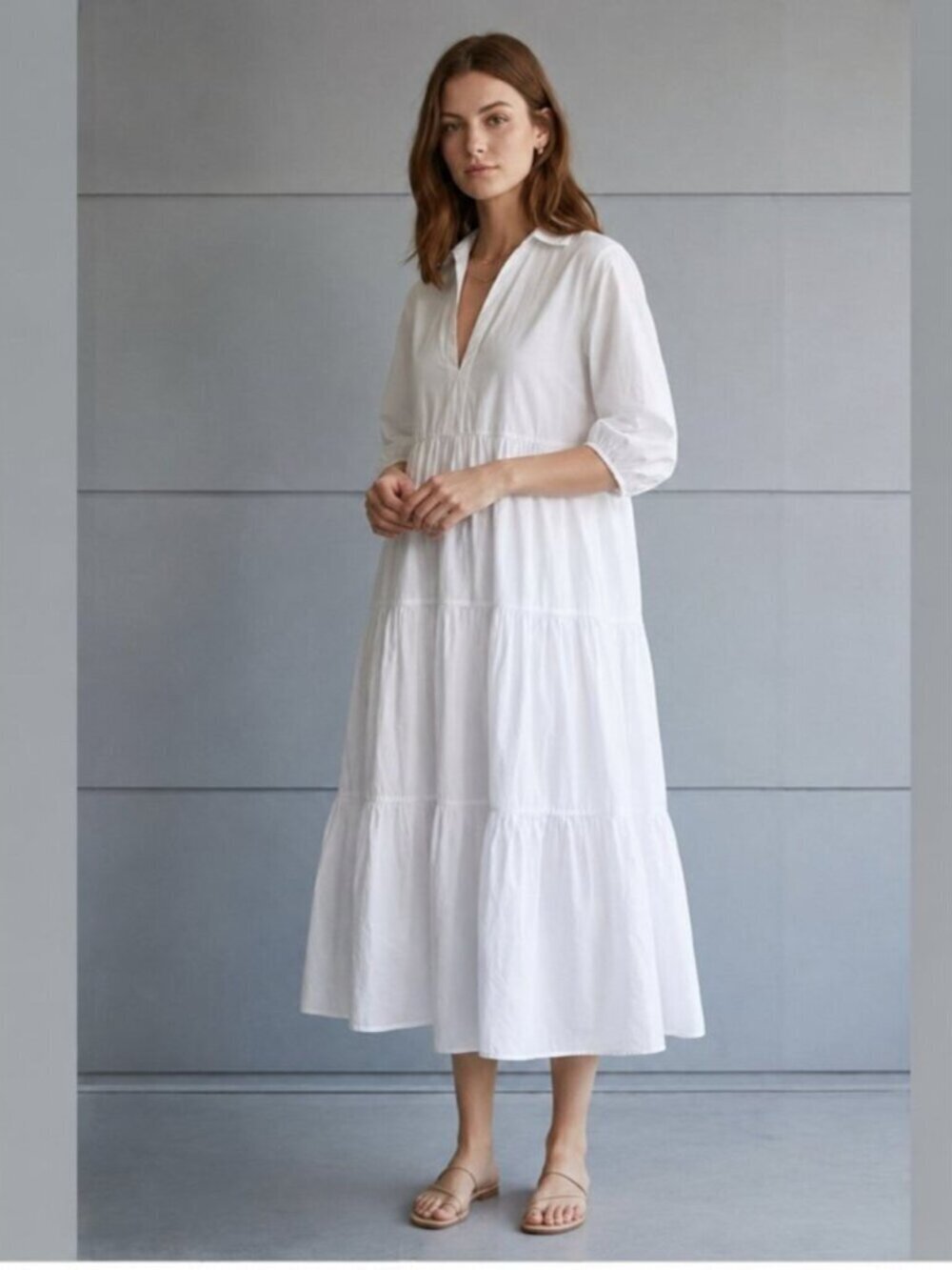 Zara 100% Cotton Poplin Tiered Flounced Midi Dress White Size Medium